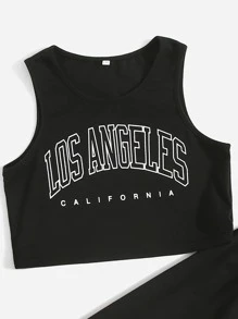 SHEIN Girls Letter Graphic Tank Top & Joggers - Black - View 3