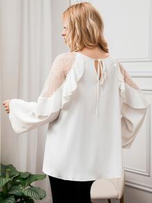 大碼蕾絲拼接荷葉邊襯衫 - 白色 - 查看 2