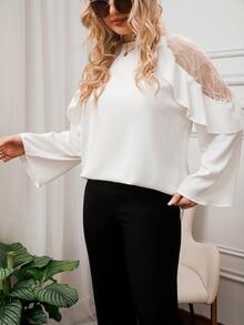 大碼蕾絲拼接荷葉邊襯衫 - 白色 - 查看 3