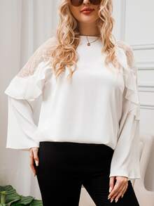 大碼蕾絲拼接荷葉邊襯衫 - 白色 - 查看 4