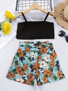 Girls Cami Top & Floral Print Belted Shorts - Multicolor - View 2