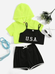 Girls Letter Graphic Cami Top & Hooded Top & Contrast Binding Shorts - Multicolor - View 1