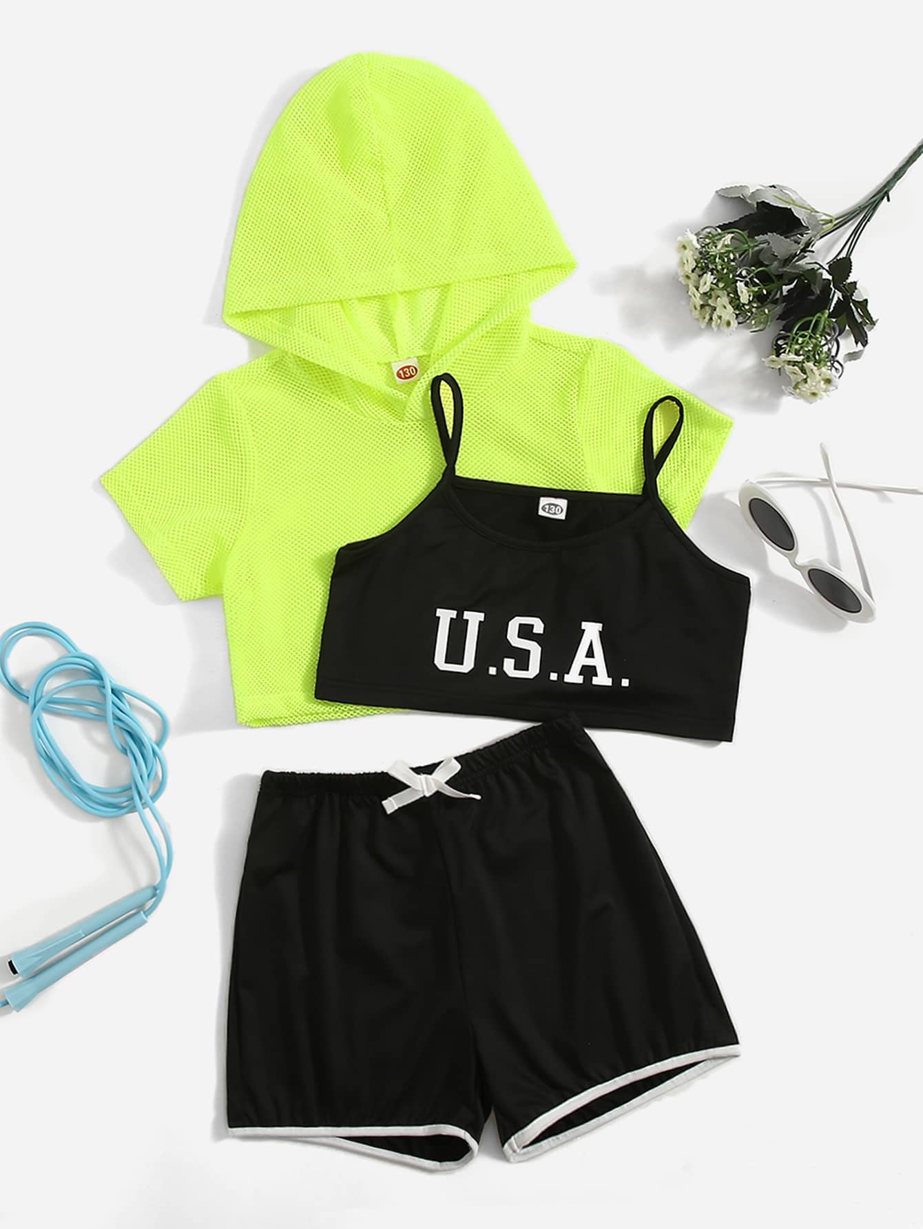 Girls Letter Graphic Cami Top & Hooded Top & Contrast Binding Shorts - Multicolor - View 1