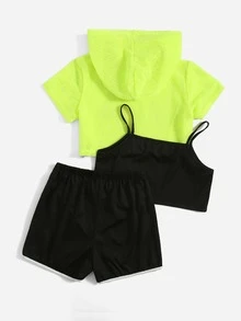 Girls Letter Graphic Cami Top & Hooded Top & Contrast Binding Shorts - Multicolor - View 2