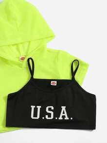 Girls Letter Graphic Cami Top & Hooded Top & Contrast Binding Shorts - Multicolor - View 4