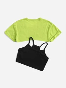 女孩字母圖案短款T恤和吊帶上衣 - 彩色 - 查看 2