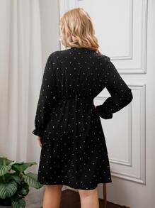 Modelyn Đầm Plus Size Thắt nơ trước Chấm bi Thanh lịch - màu đen - Xem 2