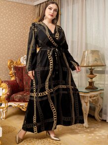 Modelyn Váy tay bồng in họa tiết xích cỡ lớn có thắt lưng - màu đen - Xem 1