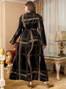 Modelyn Váy tay bồng in họa tiết xích cỡ lớn có thắt lưng - màu đen - Xem 2