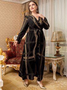 Modelyn Váy tay bồng in họa tiết xích cỡ lớn có thắt lưng - màu đen - Xem 4