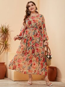 Mulvari Đầm Plus Size Thắt lưng Hoa Tất cả trên in Boho - Nhiều màu - Xem 1