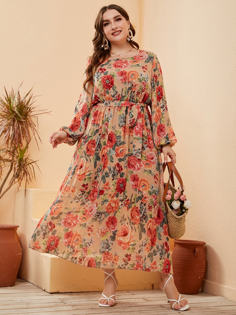 Mulvari Đầm Plus Size Thắt lưng Hoa Tất cả trên in Boho - Nhiều màu - Xem 1