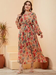 Mulvari Đầm Plus Size Thắt lưng Hoa Tất cả trên in Boho - Nhiều màu - Xem 4