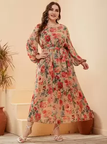 Mulvari Đầm Plus Size Thắt lưng Hoa Tất cả trên in Boho - Nhiều màu - Xem 5