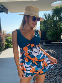 植物印花泳衣連衣裙帶沙灘短褲 - 彩色 - 查看 1