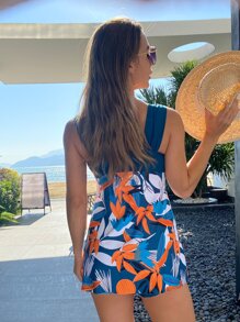 植物印花泳衣連衣裙帶沙灘短褲 - 彩色 - 查看 2