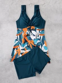 植物印花泳衣連衣裙帶沙灘短褲 - 彩色 - 查看 4