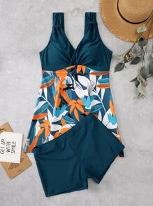 植物印花泳衣連衣裙帶沙灘短褲 - 彩色 - 查看 7