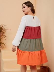 SHEIN Unity Plus Colorblock Lantern Sleeve Ruffle Hem Smock Dress - Multicolor - View 2