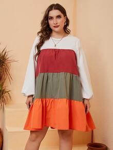 SHEIN Unity Plus Colorblock Lantern Sleeve Ruffle Hem Smock Dress - Multicolor - View 3