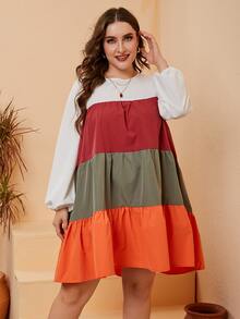 SHEIN Unity Plus Colorblock Lantern Sleeve Ruffle Hem Smock Dress - Multicolor - View 4