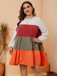 SHEIN Unity Plus Colorblock Lantern Sleeve Ruffle Hem Smock Dress - Multicolor - View 5