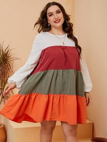 SHEIN Unity Plus Colorblock Lantern Sleeve Ruffle Hem Smock Dress - Multicolor - View 6