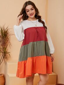 SHEIN Unity Plus Colorblock Lantern Sleeve Ruffle Hem Smock Dress - Multicolor - View 7