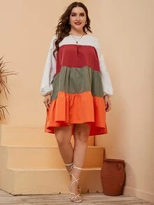 SHEIN Unity Plus Colorblock Lantern Sleeve Ruffle Hem Smock Dress - Multicolor - View 8