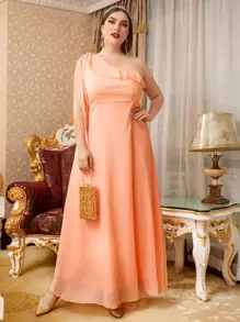 Modelyn Plus One Shoulder Ruffle Trim Chiffon Bridesmaid Dress - Coral Orange - View 1