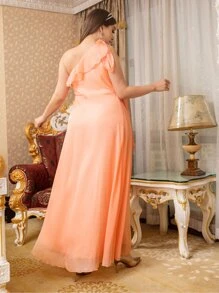 Modelyn Plus One Shoulder Ruffle Trim Chiffon Bridesmaid Dress - Coral Orange - View 2