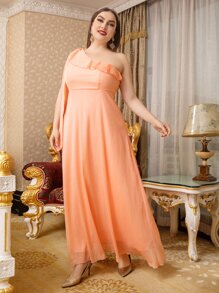 Modelyn Plus One Shoulder Ruffle Trim Chiffon Bridesmaid Dress - Coral Orange - View 3