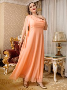 Modelyn Plus One Shoulder Ruffle Trim Chiffon Bridesmaid Dress - Coral Orange - View 4