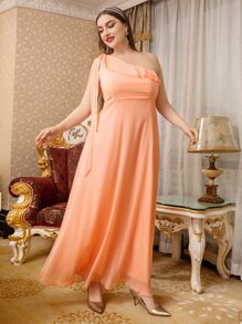 Modelyn Plus One Shoulder Ruffle Trim Chiffon Bridesmaid Dress - Coral Orange - View 5