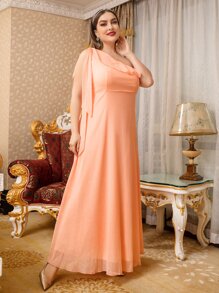 Modelyn Plus One Shoulder Ruffle Trim Chiffon Bridesmaid Dress - Coral Orange - View 6