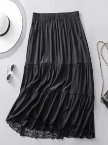 Mulvari Plus Lace Trim Ruffle Hem Skirt - Black - View 1