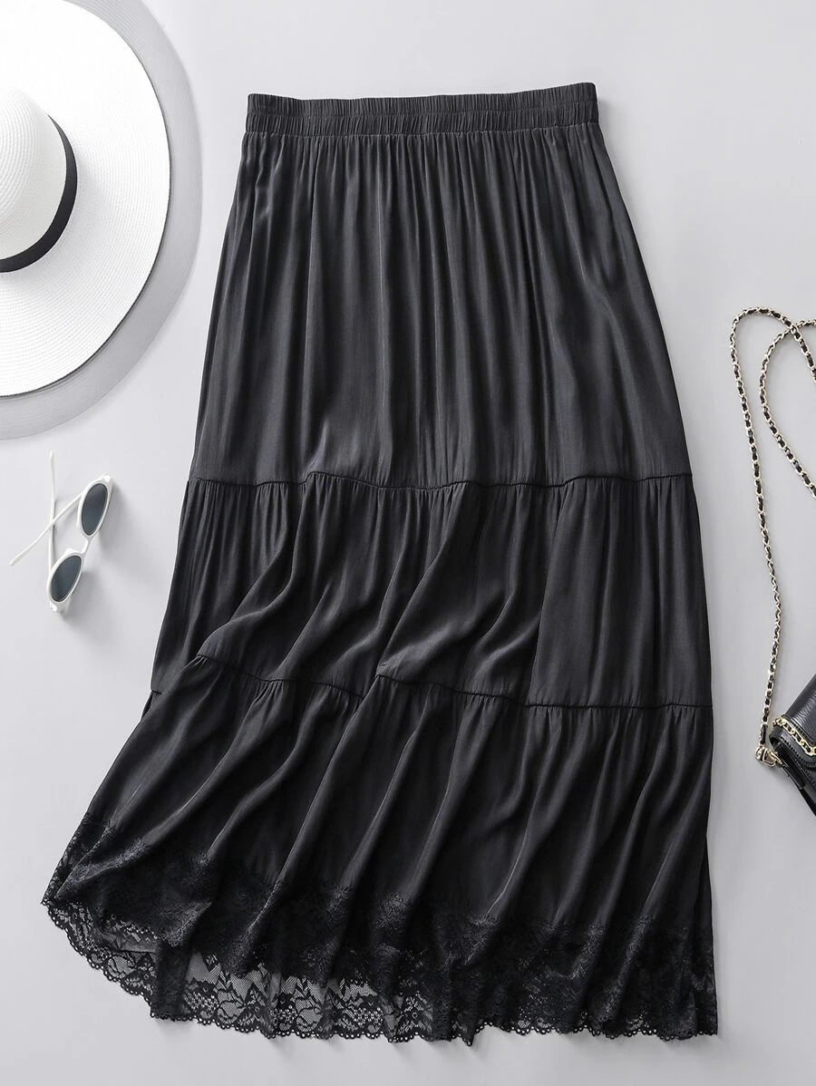 Mulvari Plus Lace Trim Ruffle Hem Skirt - Black - View 1