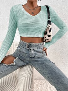 V領短款T恤 - 薄荷綠 - 查看 7