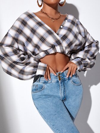 Tartan Print Lantern Sleeve Crop Blouse,Long Sleeve Tops