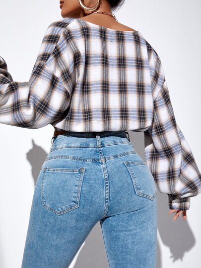 Chemisier court à manches lanternes imprimé tartan, hauts à manches longues