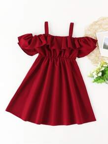 Niñas Vestido de hombros descubiertos ribete con fruncido - Burdeos - Ver 1