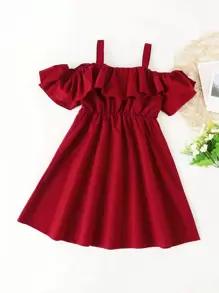 Niñas Vestido de hombros descubiertos ribete con fruncido - Burdeos - Ver 2