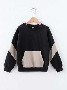 男孩撞色袋鼠口袋落肩袖套頭衫 - 黑色 - 查看 1