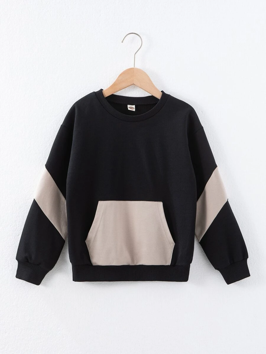 男孩撞色袋鼠口袋落肩袖套頭衫 - 黑色 - 查看 1