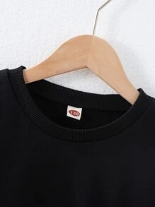 男孩撞色袋鼠口袋落肩袖套頭衫 - 黑色 - 查看 3