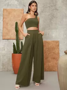 SHEIN Conjunto Top corto de un hombro con fruncido & Pantalones palazzo - Verde militar - Ver 1