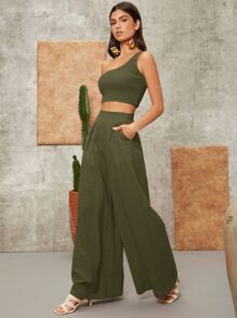 SHEIN Conjunto Top corto de un hombro con fruncido & Pantalones palazzo - Verde militar - Ver 5