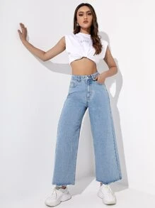 Jeanoix Zipper Fly Raw Hem Wide Leg Jeans Y2k