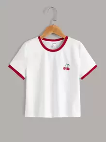 SHEIN 青少女櫻桃印花對比邊條t恤 - 白色 - 查看 1