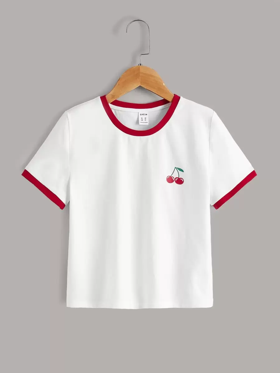 SHEIN 青少女櫻桃印花對比邊條t恤 - 白色 - 查看 1